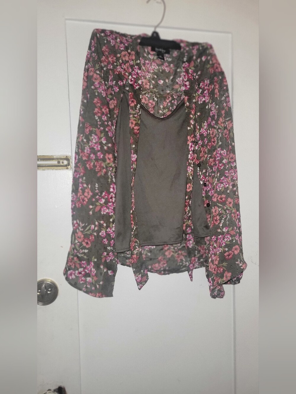 by & by Olive Green Top with Pink Floral Print